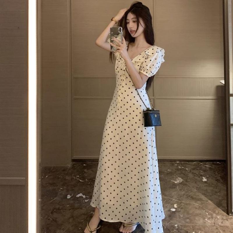 Women's Summer French Style Polka Dot Puff Sleeve Maxi Dress V Neck Tie Front Ruffle Trim Slim Waist Elegant Casual Long Dress for Women