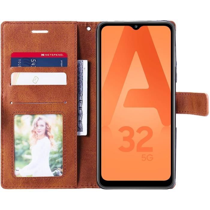 Coque pour Samsung Galaxy A32 5G Effet Cuir Motif Rayure Marron + 2 Verres Trempés