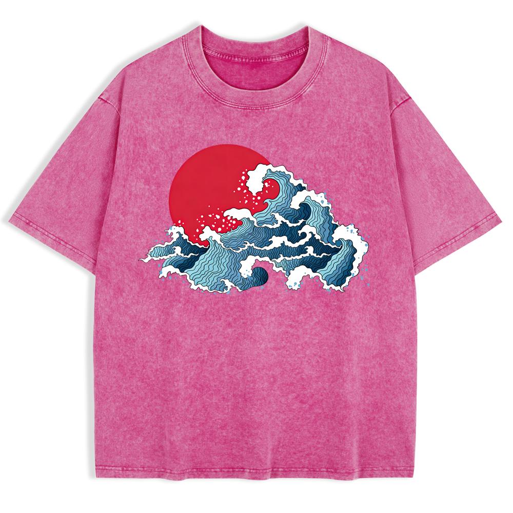 Japanska Harajuku Vågmönster Tvättade T-shirts Herr Bomull Överdimensionerad T-shirt Sommar Rund Hals Kortärmade Toppar Mjuka Kläder