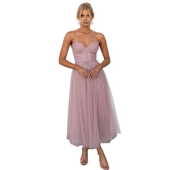Damen Mesh Swing Cocktailkleid Ärmellos Spaghetti-Träger A-Linie Tüllkleid Formelles Hochzeitsgastkleid