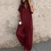 Womens Short Sleeve Button Down Loose Fit Jumpsuit Casual Wide Leg Romper with Pockets for Daily Wear