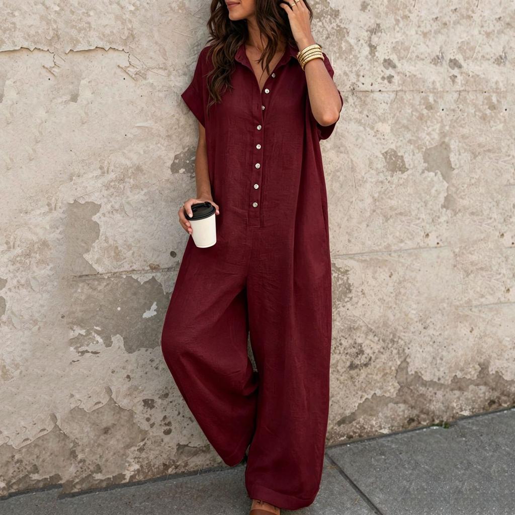 Womens Short Sleeve Button Down Loose Fit Jumpsuit Casual Wide Leg Romper with Pockets for Daily Wear