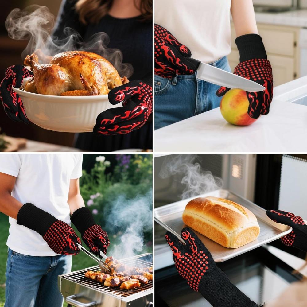 BBQ Gloves Fireproof Heat Resistant Cut Resistant Mitts Non Slip Silicone Oven Gloves Kitchen Gloves for Barbecue Cooking Baking