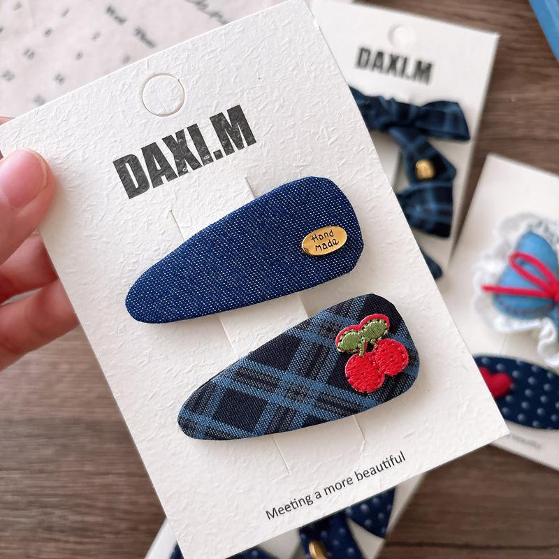 High Quality Korean Sweet Academic Hair Clip Navy Plaid Bow BB Clip for Girls Versatile Side Clamp with Polka Dots