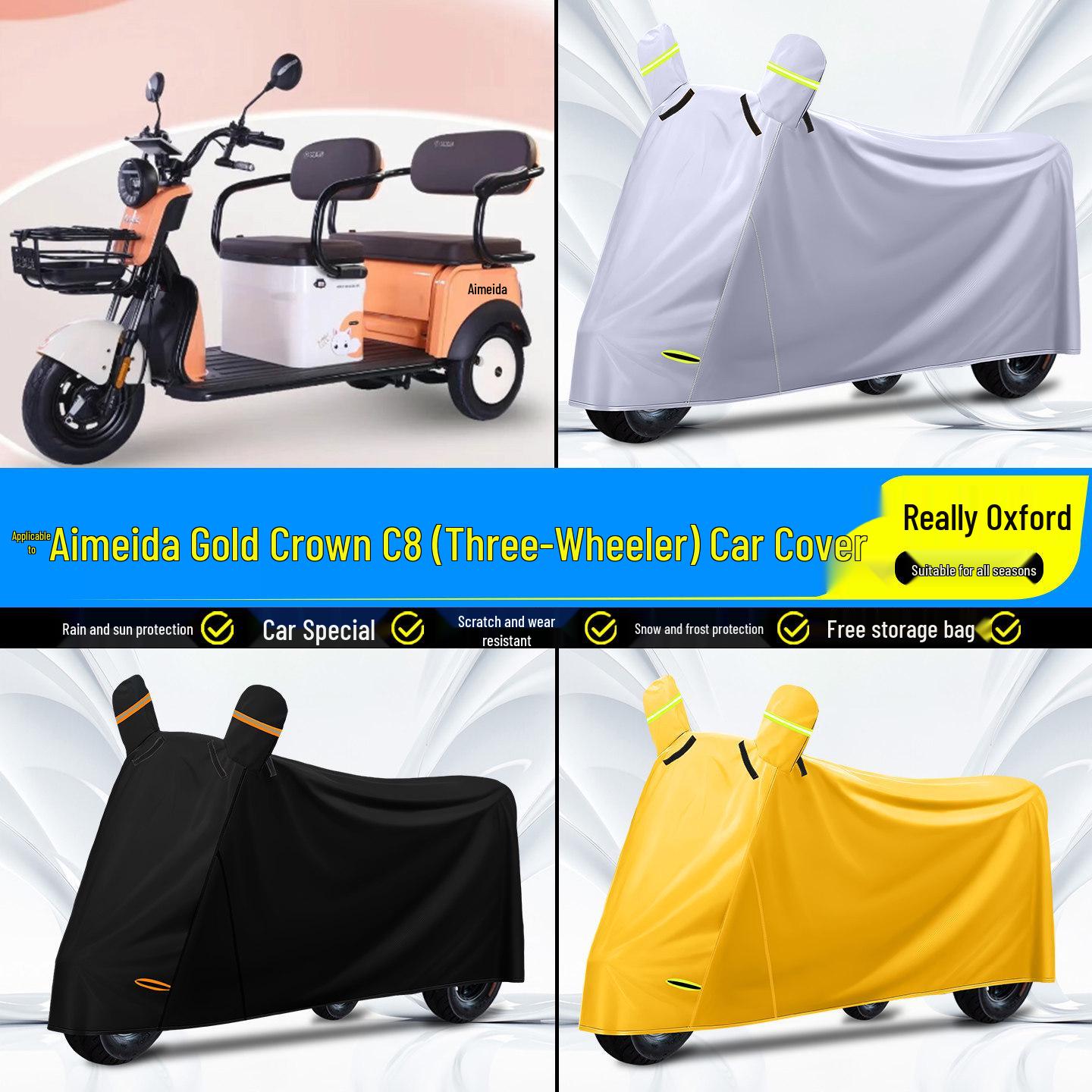 Aimeida C8 Electric Tricycle Rain & Sun Protective Cover with Decorative Accessories Gray XL Oxford Cover with Storage Bag