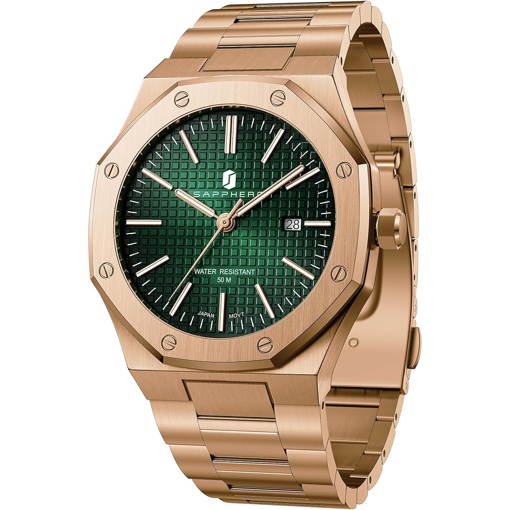SAPPHERO Men s Chronograph Watch Stainless Steel 50M Water Resistant Analog Date Display Rose Green
