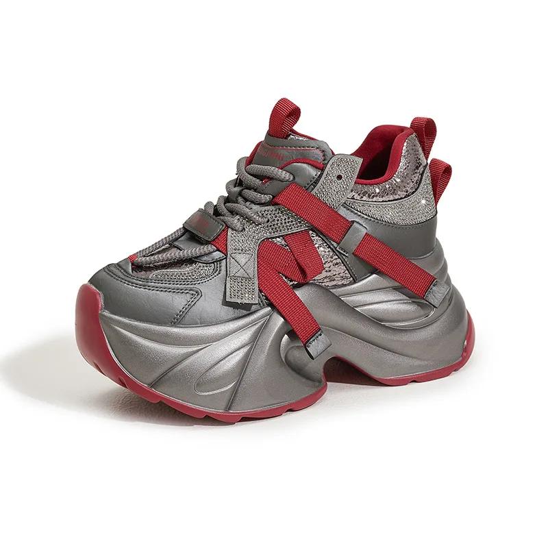 Fashion 9CM High Platforms Women's Vulcanize Shoes New Spring Popular Street Tide Female Dad Shoes Thick Bottom Leather Chunky Sneakers