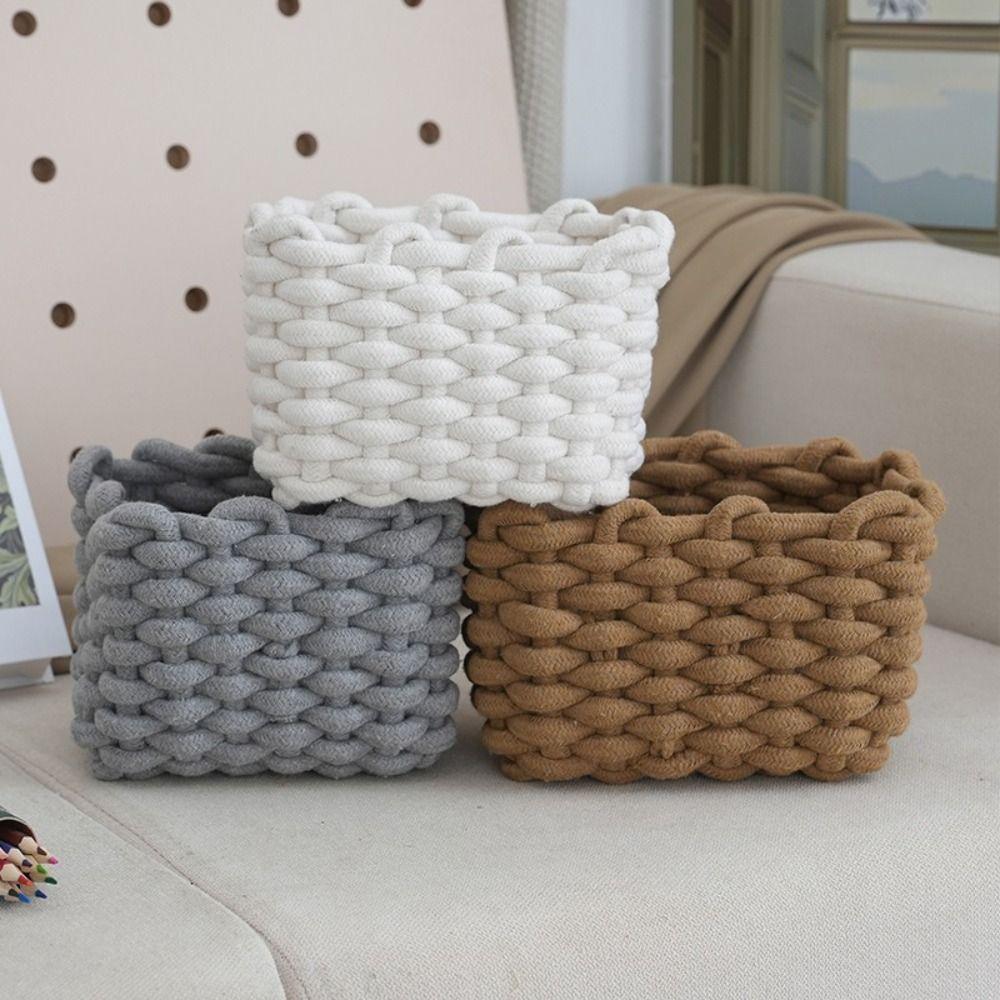 Practical Nordic Style Woven Basket Hand-woven Rectangular Cotton Rope Basket Multi-functional Storage Basket Desktop Storage