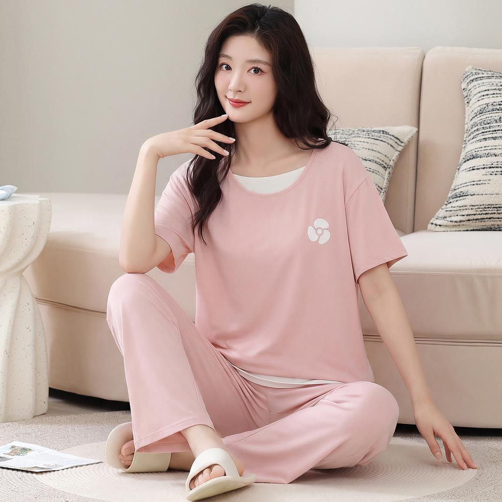 Pajamas women's 1011 new pure cotton summer thin simple short-sleeved cropped pants huge good-looking fake two-piece loungewear set