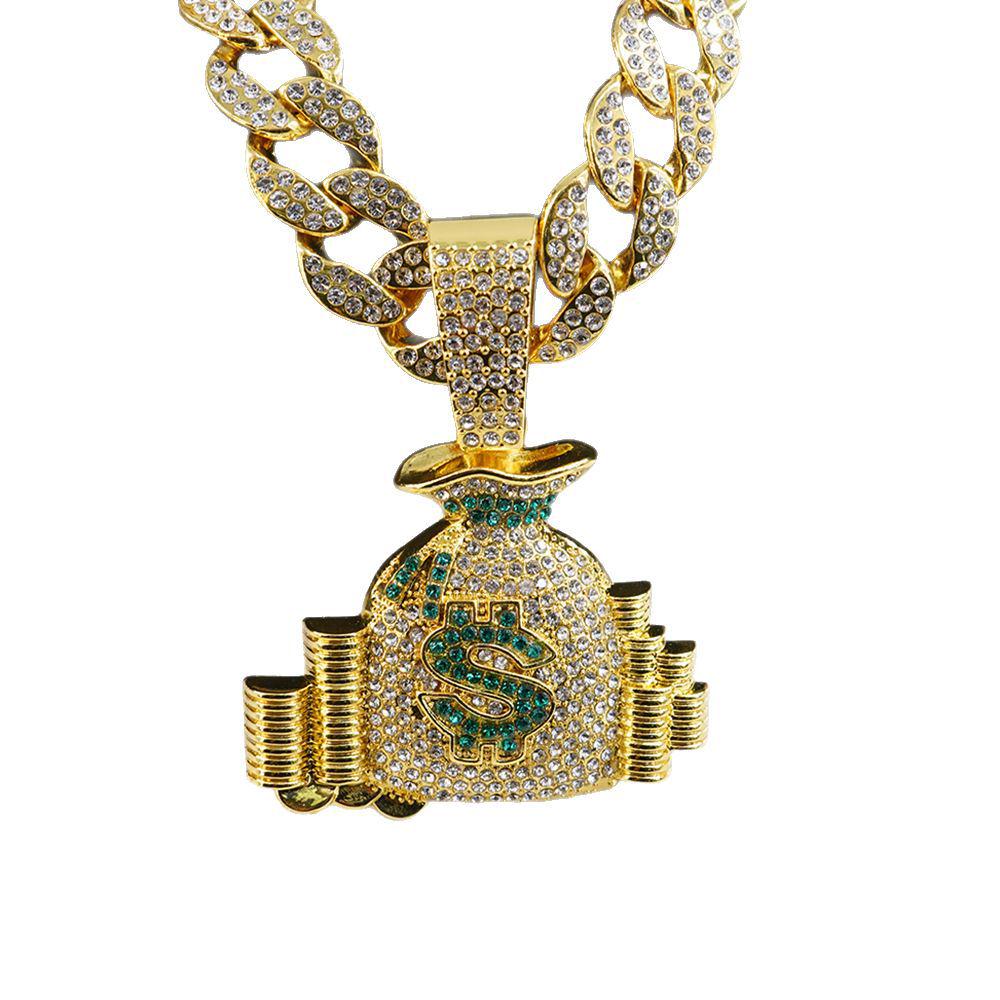 Creative Dollar Sign Money Bag Necklace with Rhinestone Pendants - Trendy Hip Hop Accessory for Men