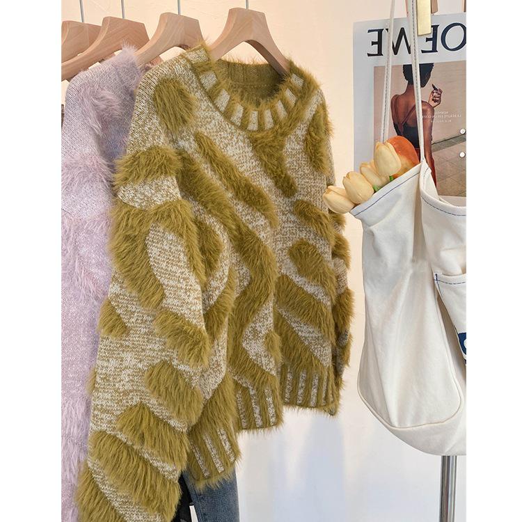 Women's 2026 Autumn/Winter Waterproof Mink Velvet Knit Pullover - Loose Fit, Round Neck, Long Sleeve Sweater