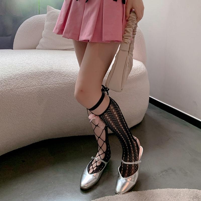 Openwork Lace Fishnet Knee Length Socks for Women with Bows Tie Detail, Slouch Fashion Legwear for Party Outfits and Daily Looks