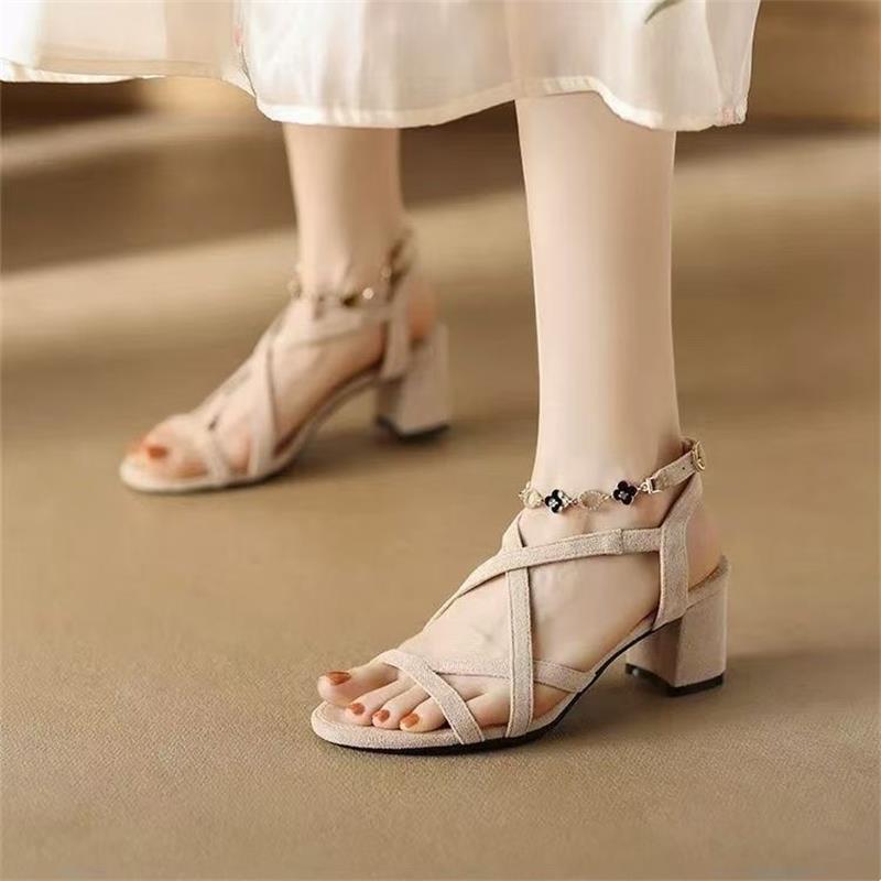 2025 summer new fairy rhinestone one-word buckle with skirt sandals women's French thick heel Roman high heels