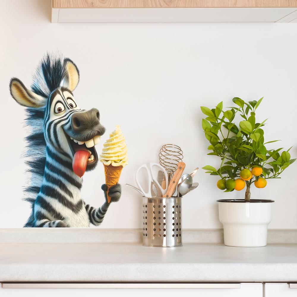 Creative and Funny Zebra Eating Ice Cream Restaurant Kitchen Decorative Wall Stickers