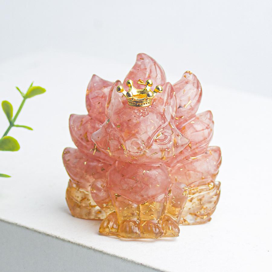 Water Crystal Decorative Figurine With Crown Nine Tails Fox For Modern Desk Display