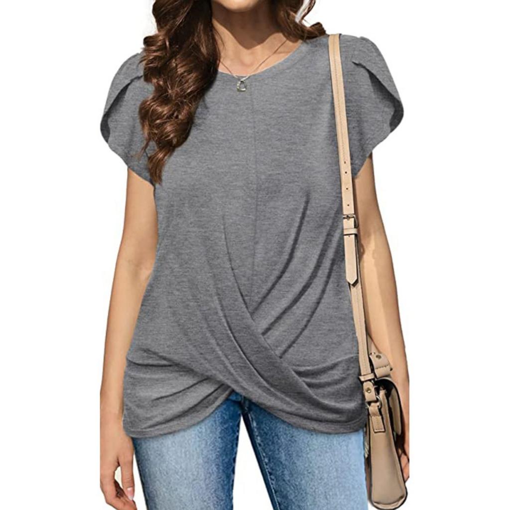 Women's Solid Color Twist Knot Crew Neck Short Sleeve T-Shirt, Popular Casual Top for European American Women Crossborder Fashion