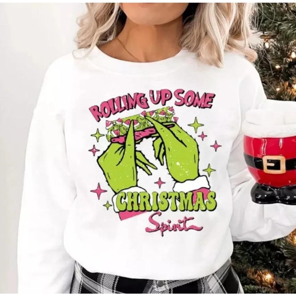 

Рождественский дух Закатай немного веселья Гринча Толстовка Круглый вырез С принтом Длинный рукав Женская мода 4XL