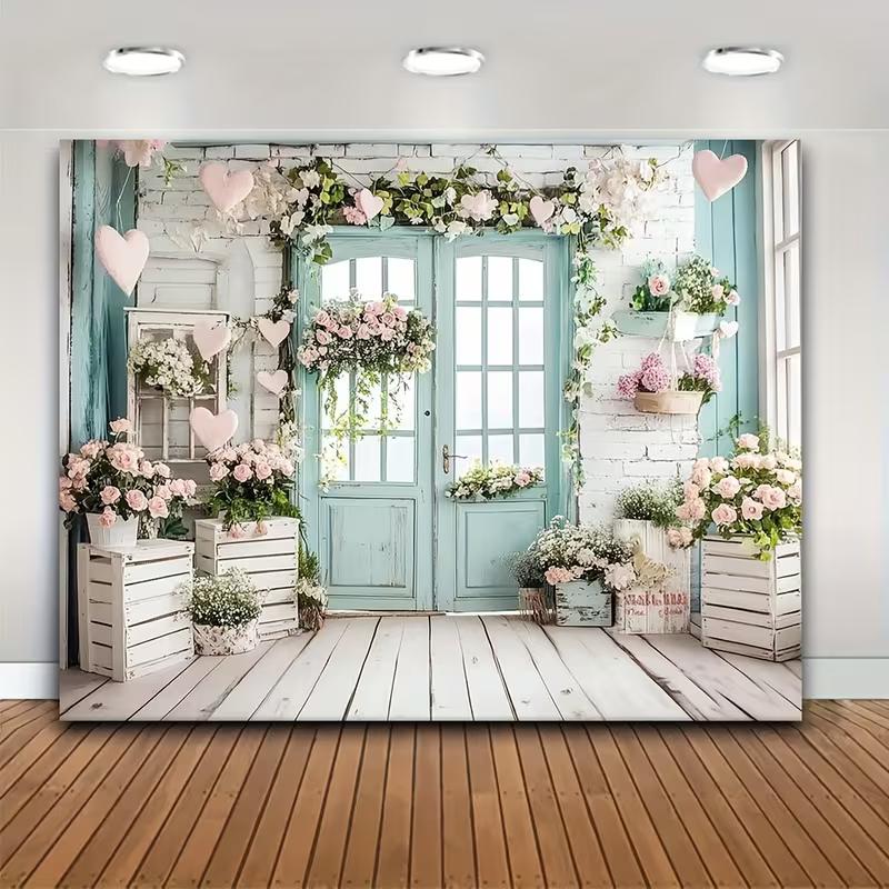 

2D Shabby Chic Door Backdrop - Floral Brick Wall Photography Background for Party 47.2x31.5inch/120*80cm