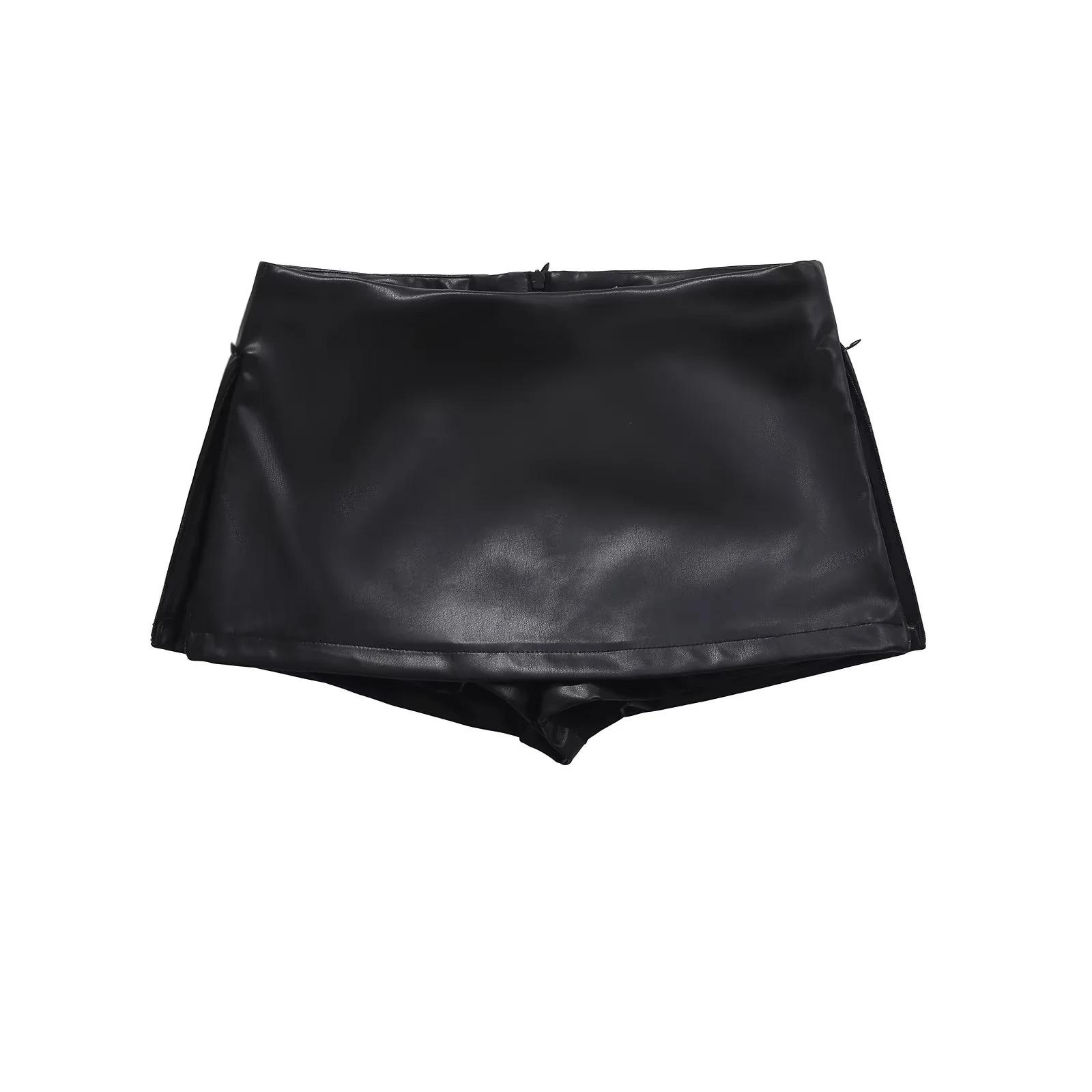 

Retro Low-Waist PU Leather Mini Skirt with Double Slit - Sexy, Petite, Autumn Style XS чёрный