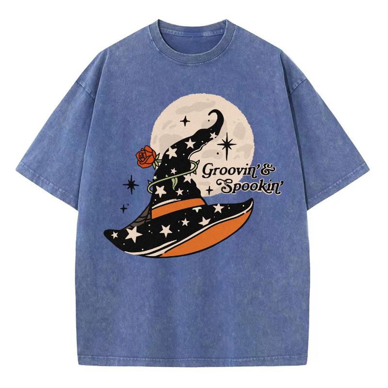 Halloween Print Women's T-Shirt Washed Denim Cotton Short Sleeve Oversized Crew Neck Top For Everyday Casual Wear