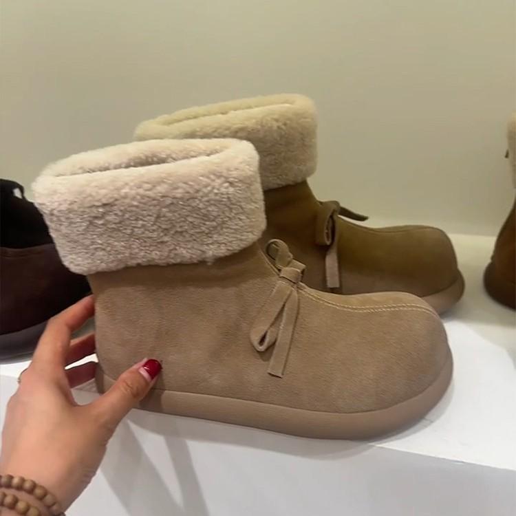 Soft Leather Version~ Fur Integrated Fleece Warm Wool Cotton Boots Women's Retro Wind Short Boots Bow Non-slip Snow Boots