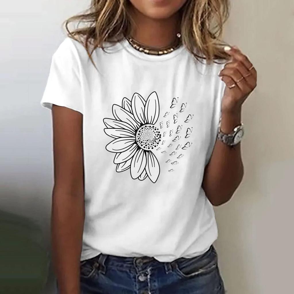 Women's Casual Floral Print Short Sleeved T-shirt With Round Neck  Top