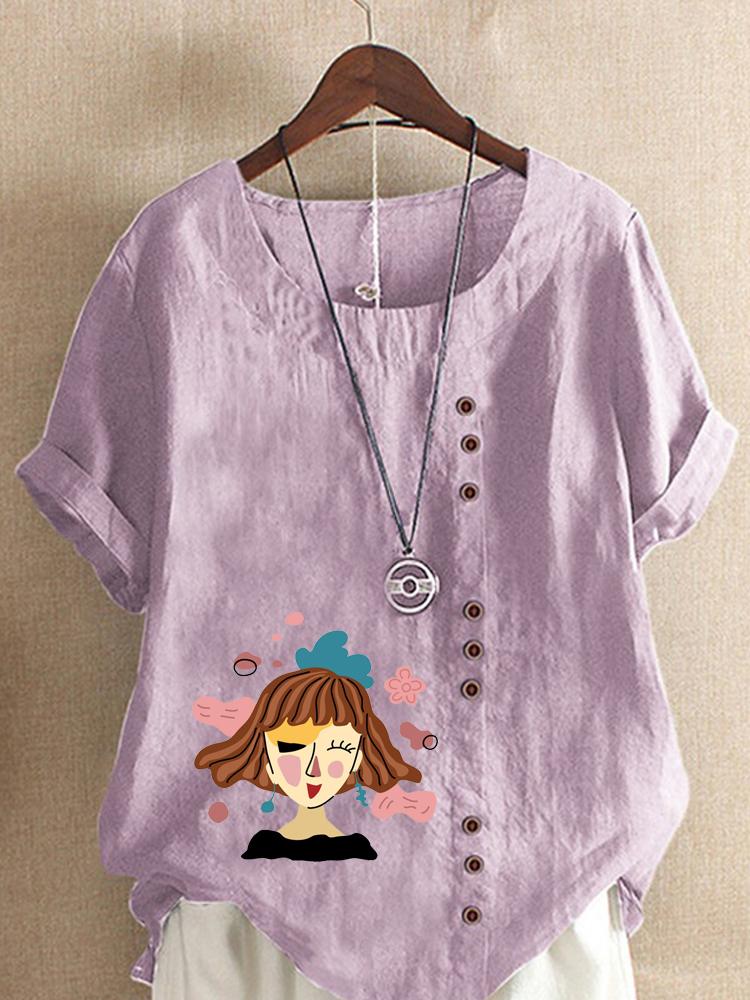 Women's Fashion Abstract Girl Print Shot Sleeve T-shirt Loose Cotton Shirt Casual Loose Summer Plus Size Blouse Tops