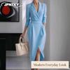 JPNTKY Women's Fashion Autumn Winter Solid Color Print V-Neck Long Sleeve Casual Dresses