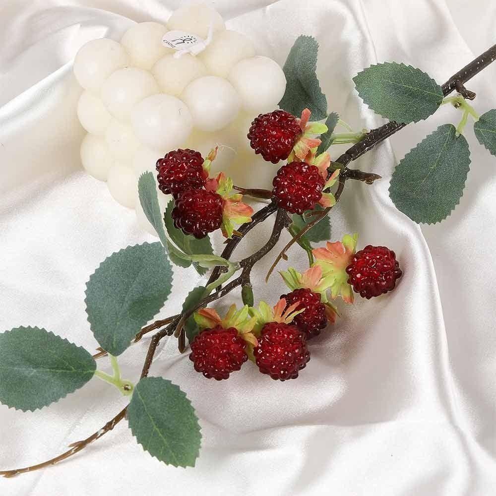 Red Berry Raspberry Artificial Plant DIY Green Leaves Faux Fruit Floral Arrangement Accessories Artificial Raspberry Branches