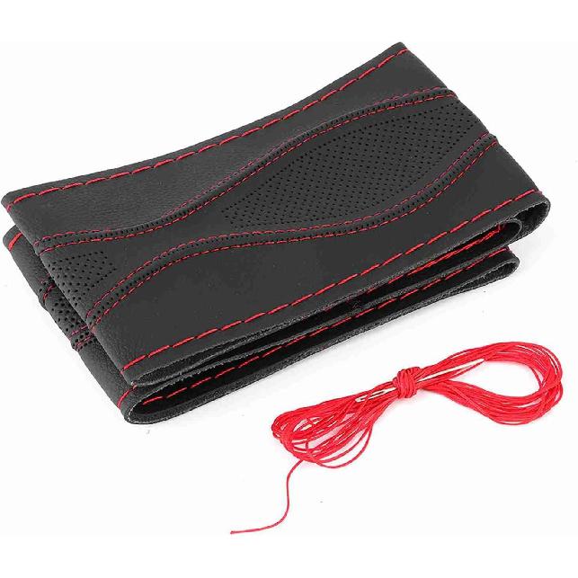 

Leather Steering Wheel Cover 15 Inch Universal Fit - Hand Stitched Premium Auto Steering Wheel Wrap with Non-Slip Grip, Embossed Design for Cars Black with Red