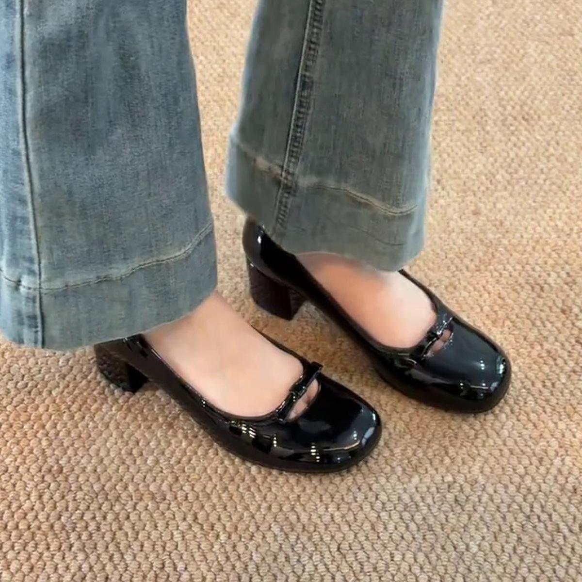 

Версия из овчины~ тупой носок французский нежный бантик толстый каблук туфли-одинарки с открытой союзкой на одной педали для通勤, темпераментные туфли Мэри Джейн 35 чёрный