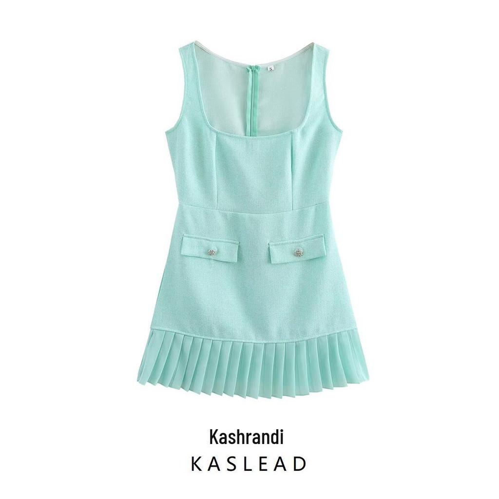 2025 Spring Women's European & American Square Neck Sleeveless Pleated Patchwork Dress