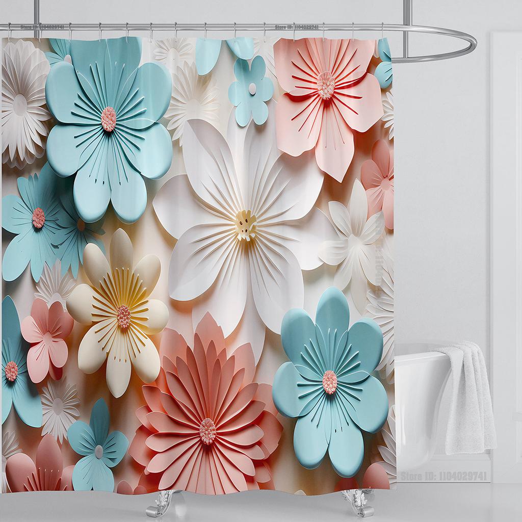 3D Floral Shower Curtain Set Orange Flower Design Fabric Bathroom Decor Waterproof Washable Shower Curtain Set with Hooks