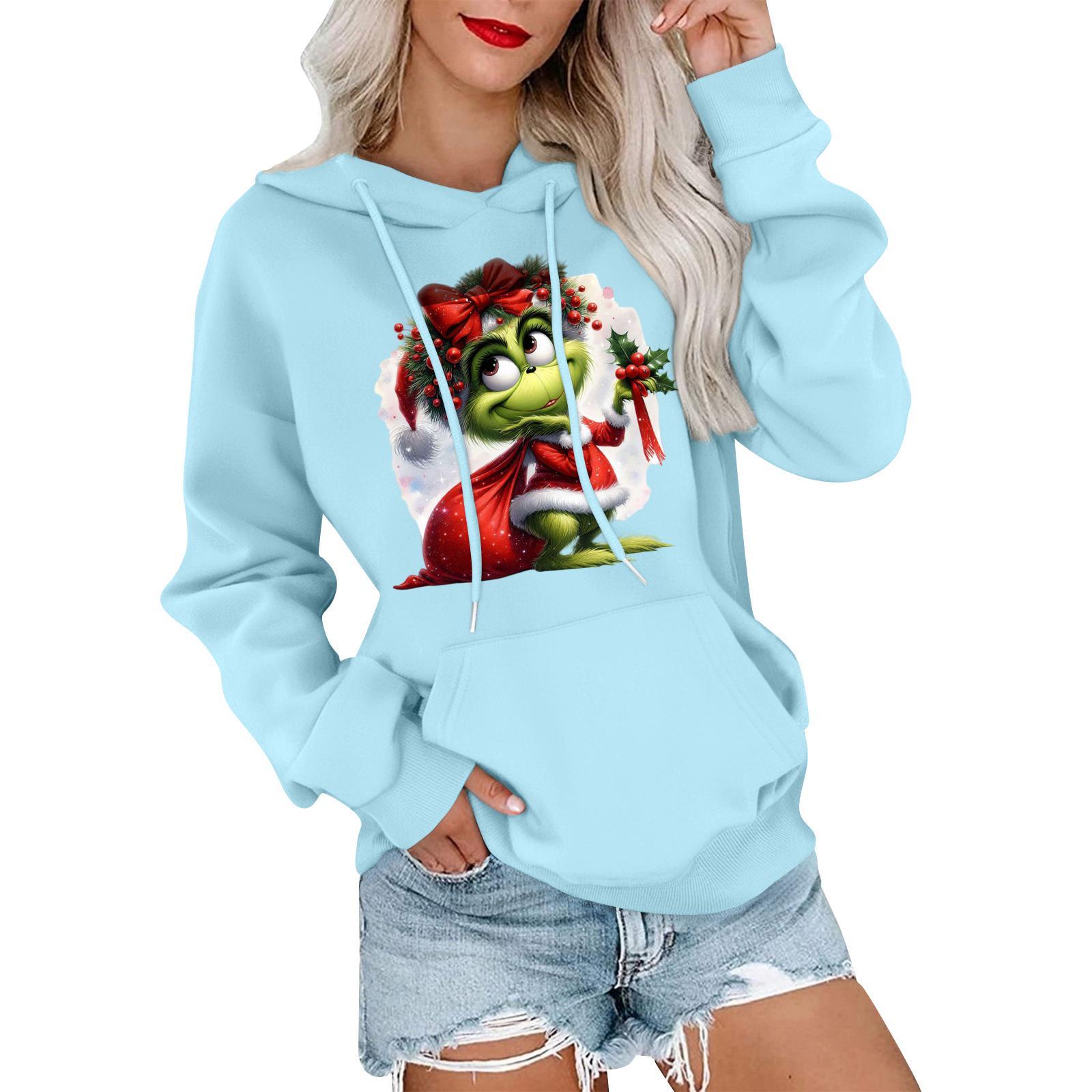 

Женский повседневный удобный свитшот с капюшоном, длинным рукавом и рождественским принтом XL небесно-голубой
