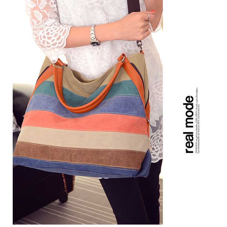 Canvas Shoulder Bag Ladies Handbag Contrast Color Bag Striped Fashion Retro Large-capacity One-shoulder Messenger Bag