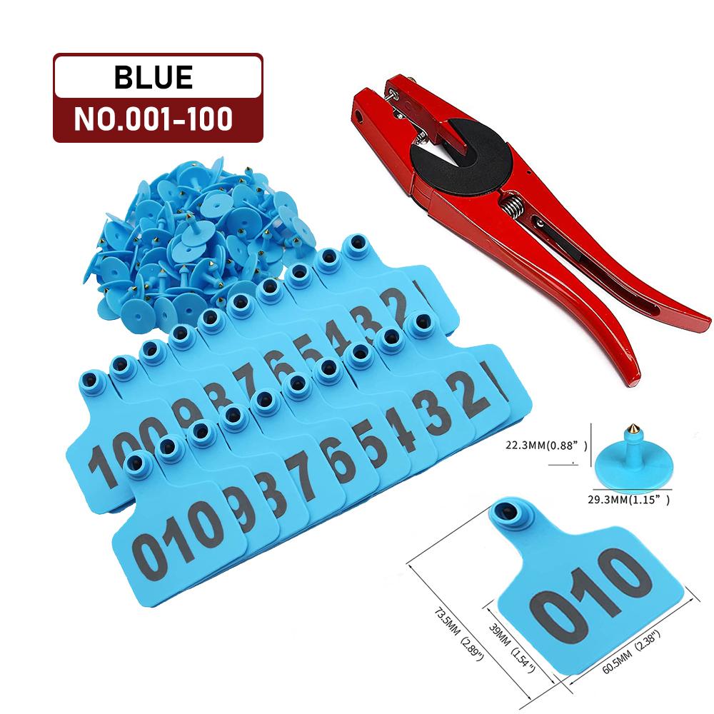 1-100 ушные бирки для крупного рогатого скота, маркер для крупного рогатого скота, аппликатор для идентификации животных, ушные бирки для овец, телят, коров, щипцы для ушных бирок Blue with Plier