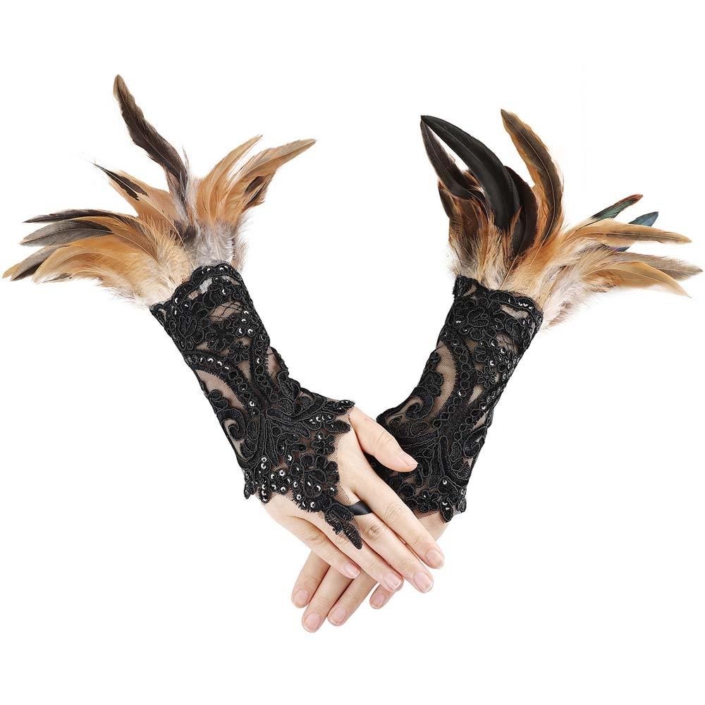 Retro Sequins Feather Lace Gloves Gothic Women Halloween Arm Sleeves Halloween Feather Gloves  Ball