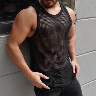 Men Round Neck Sleeveless Mesh Sheer See Through Party Tank Tops T-shirts