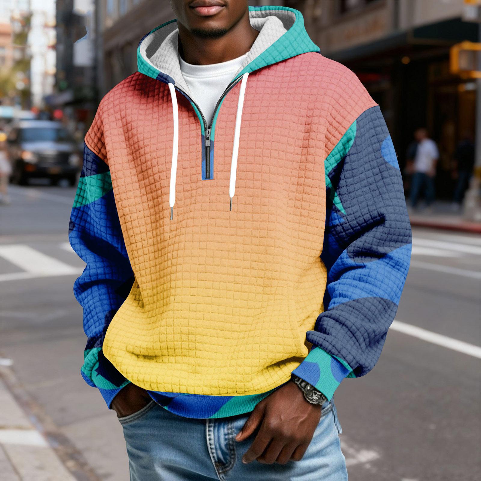 

Мужской худи-пуловер в клетку с капюшоном на молнии до середины, со шнурком и принтом, повседневная спортивная толстовка XXL шафрановый
