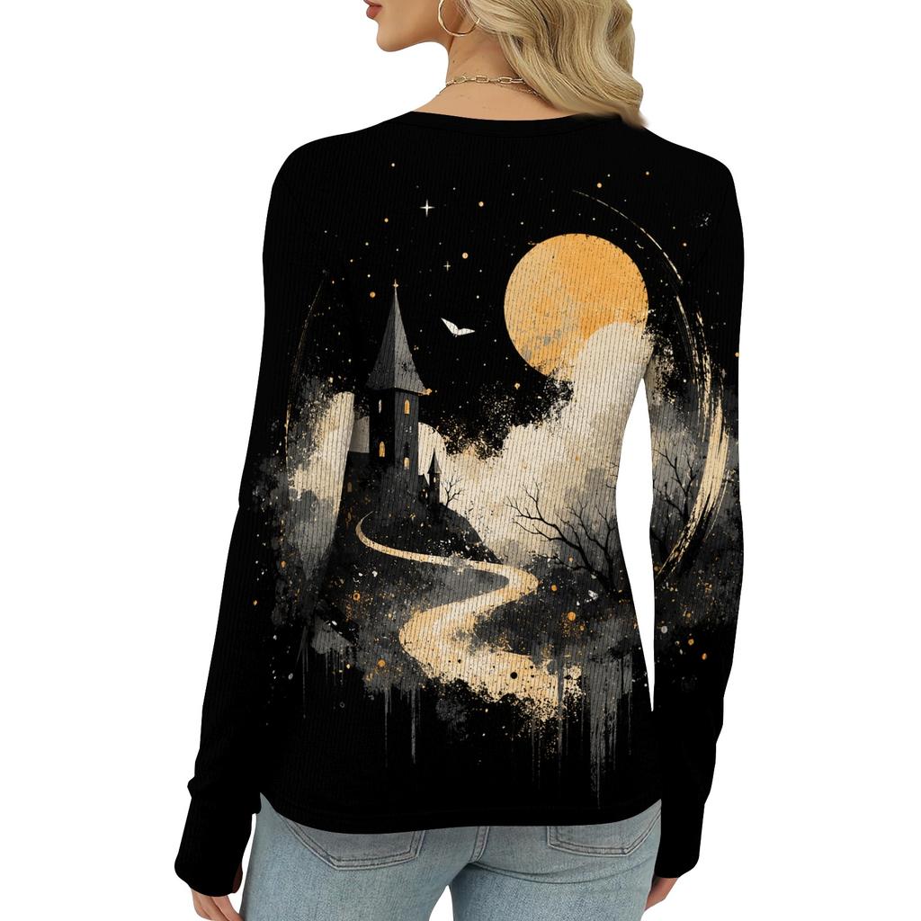 Women's Slim Fit Halloween Print Pullover Long Sleeve T Shirt Crew Neck Base Layer Top with Thumb Hole Cuffs Stretch Fabric