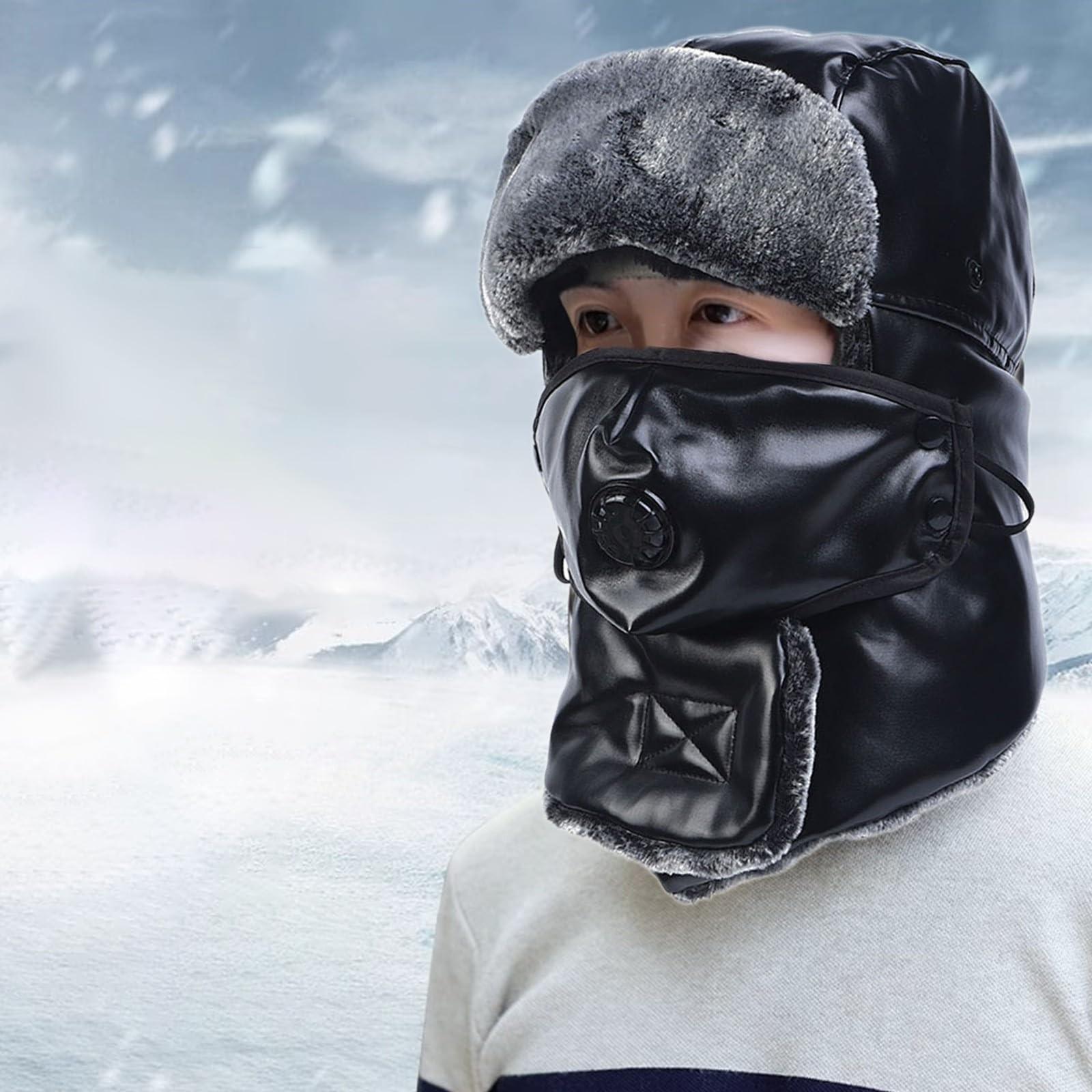 

Шапка-ушанка для мужчин и женщин зимняя кожаная лыжная шапка с зимним ушным клапаном и лыжной ветрозащитной непромокаемой теплой маской для холодной погоды One Size чёрный