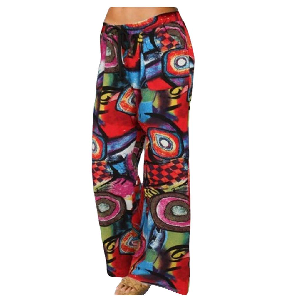 Women Wide Leg Pants Printed Large Flared Pocket Casual Cotton Linen Trousers Loose Fit Breathable Comfortable Bottoms