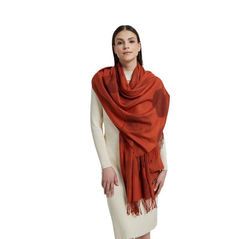 Long Digital Print Cashmere-Like Scarf, Leaf & Orange Design with Tassels, Warm Coffee Color Shawl for Women, Perfect for Spring & Autumn