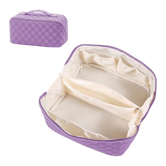 Travel Cosmetic Bag Waterproof Large Capacity Checkered Makeup Bag Open Flat Toiletry Bag for Women Skincare Brushes