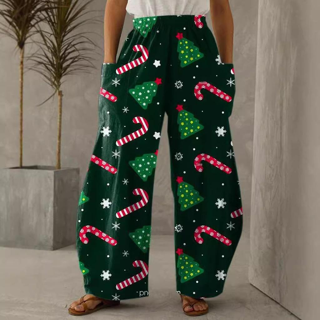 2024 Hose mit weitem Bein und hoher Taille im Weihnachts-Print und elastischem Bund im dünnen Stil