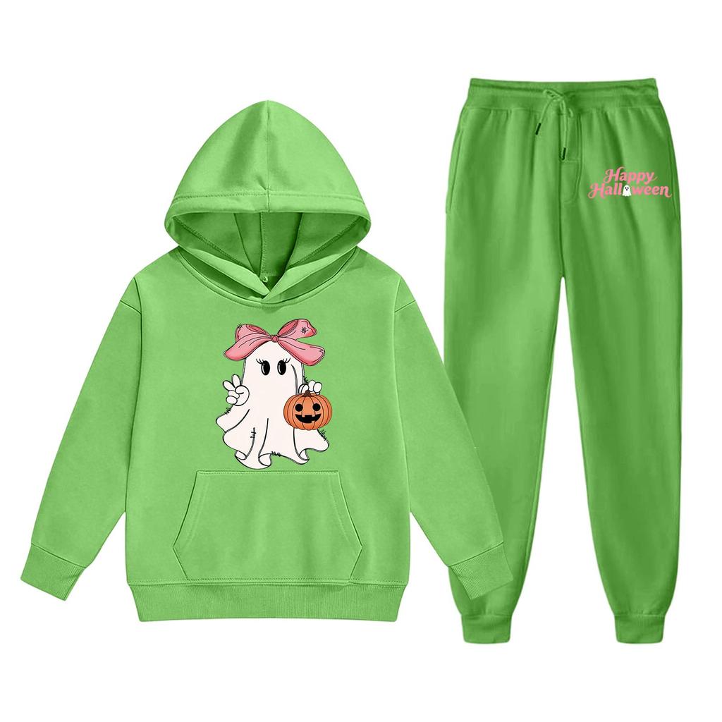 Kids Halloween Hoodie and Pants Set Ghost Print Pullover Hooded Sweatshirt and Elastic Waist Pants Comfortable Fit for Children