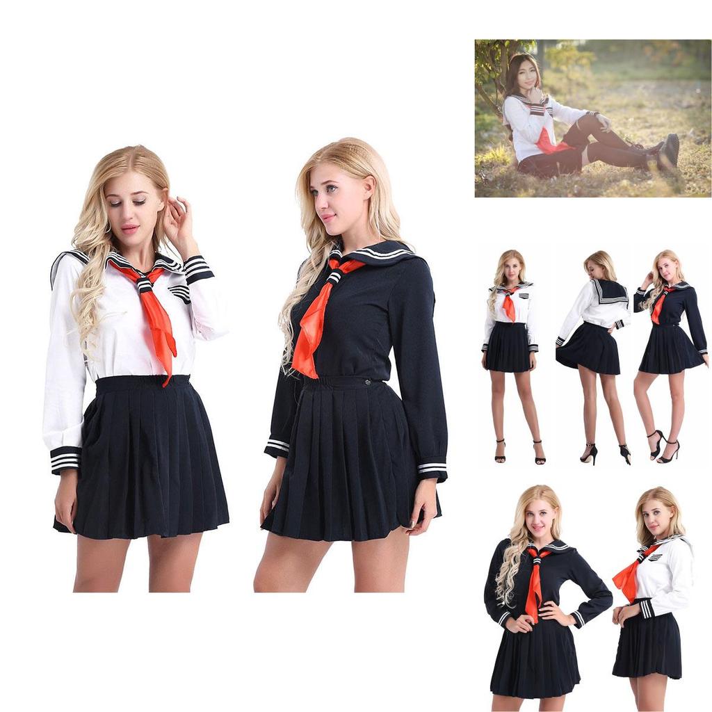 Elegant Women's Long Sleeve School Girl Uniform Sailor Dress For Cosplay Enthusiasts