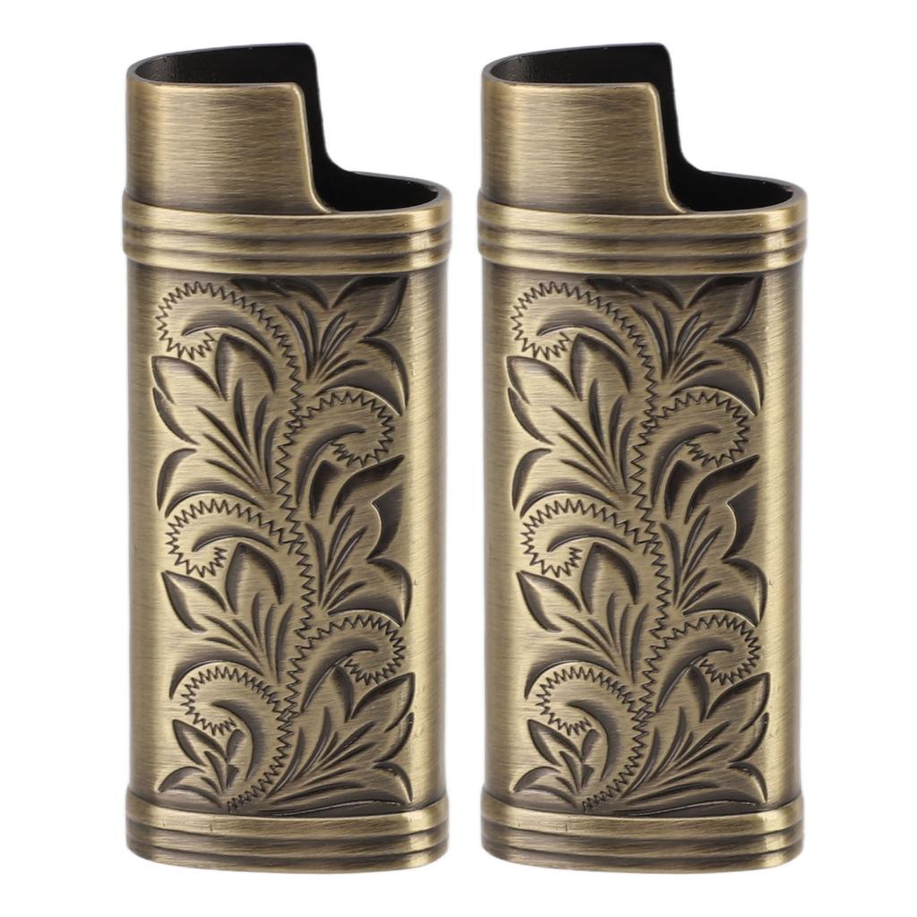 2pcs Retro Lighter Case Compact 3D Floral Stamped Engraving Zinc Alloy Protective Case Cover Bronze