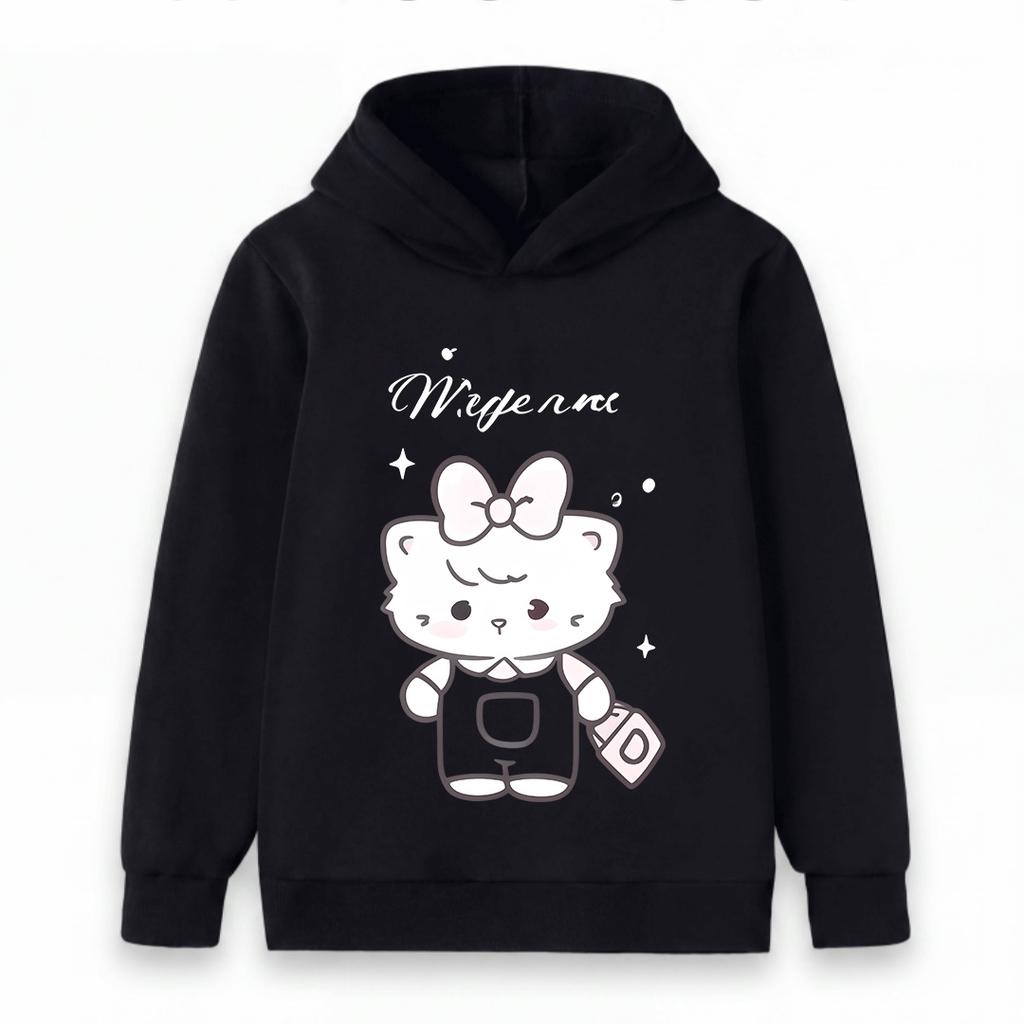 Cute Cartoon White Kitten Print Kids Hoodie, Soft Cozy Pullover Sweatshirt for Boys Girls, Casual Long Sleeve Top for Daily Wear Autumn Winter