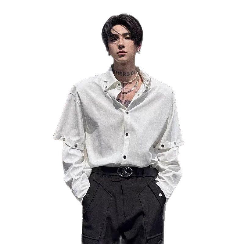 Men's Trendy Black Padded Shoulder Detachable Long Sleeve Shirt - Stylish, Rebellious Streetwear for Hairstylists.